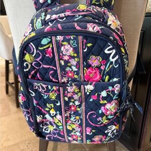 Vera Bradley Navy Quilted Backpack with Pink & Green Floral Print